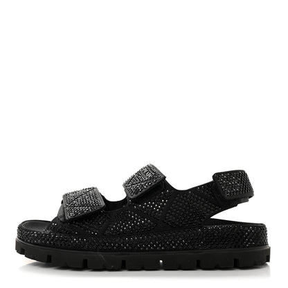 Prada Satin Crystal Embellished Metal Logo Velcro Sandals 37.5 Black 1 of 10