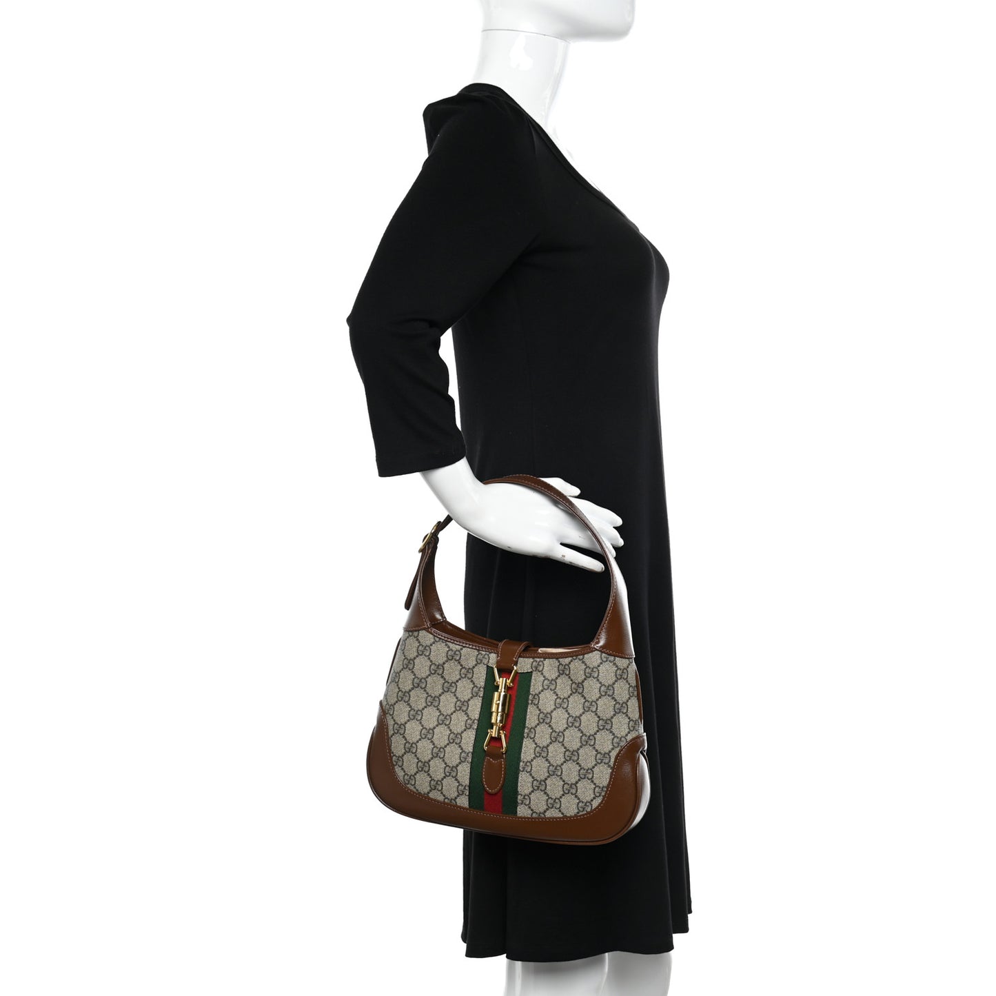 GG Supreme Monogram Azalea Calfskin Web Small Jackie 1961 Hobo Beige Ebony Brown Sugar