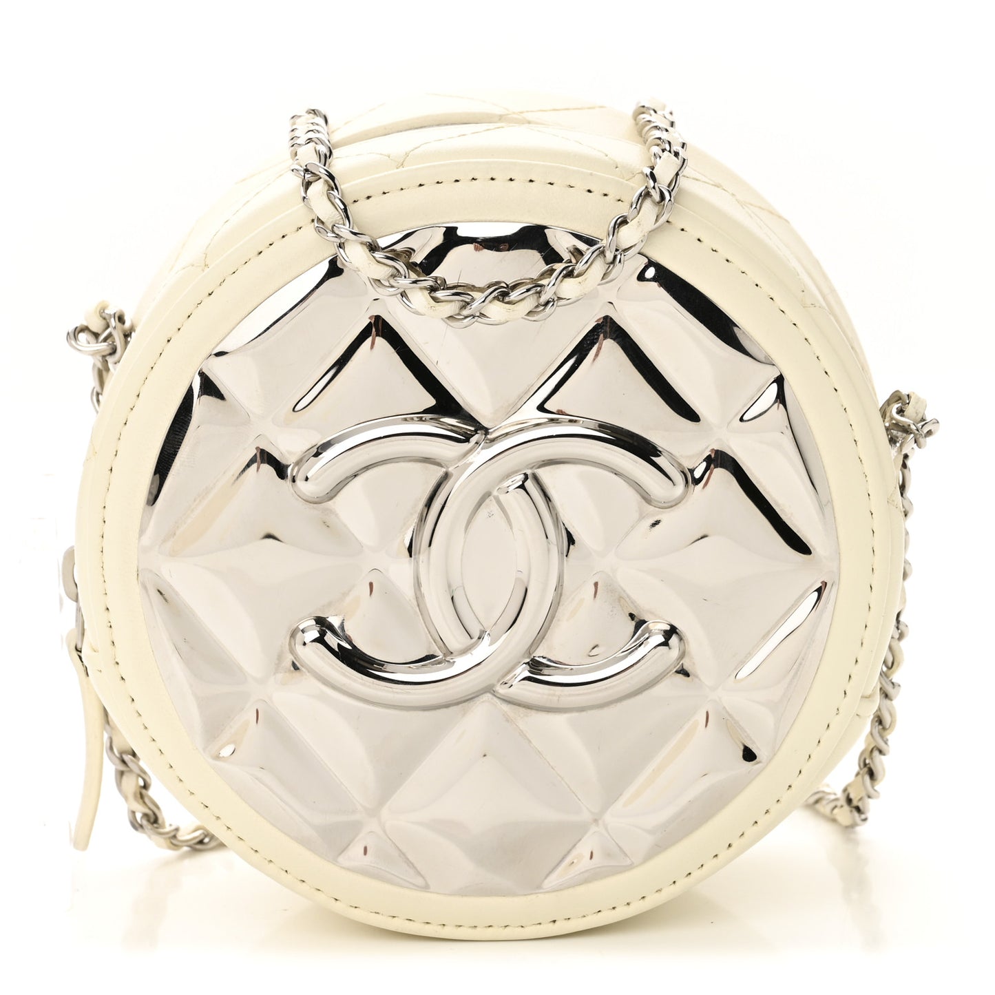 Lambskin Metal Quilted Round Clutch With Chain White Silver