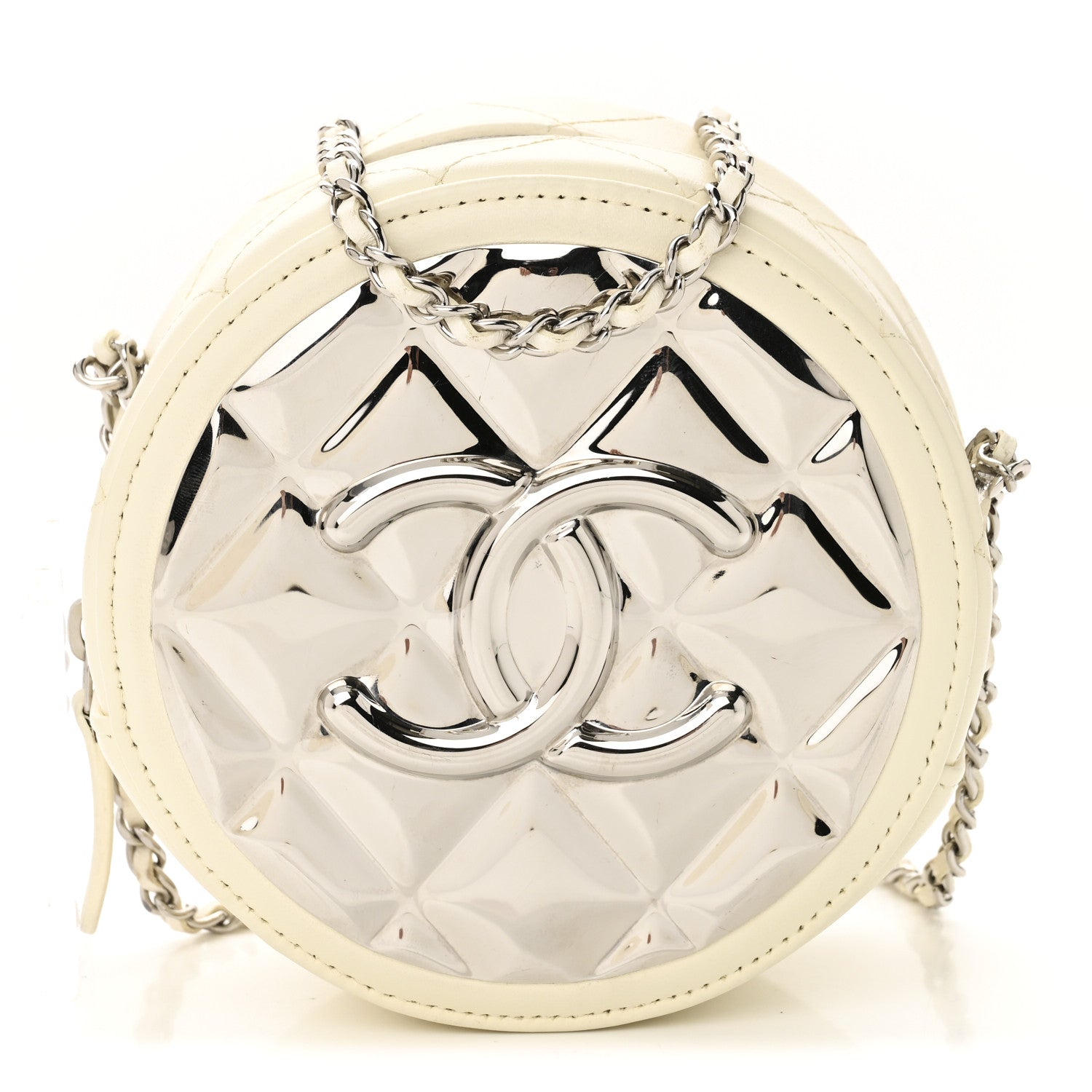 Chanel Lambskin Metal Quilted Round Clutch With Chain White Silver 1 of 10