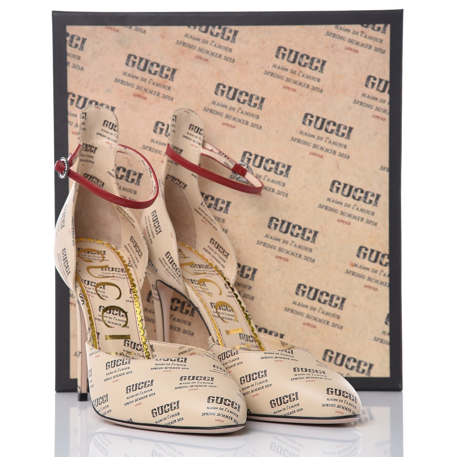 Gucci Malaga Kid Stamp Print Daisy Ankle Strap d'Orsay 105 Pumps 40 Soy Black Hibiscus Red 8 of 8