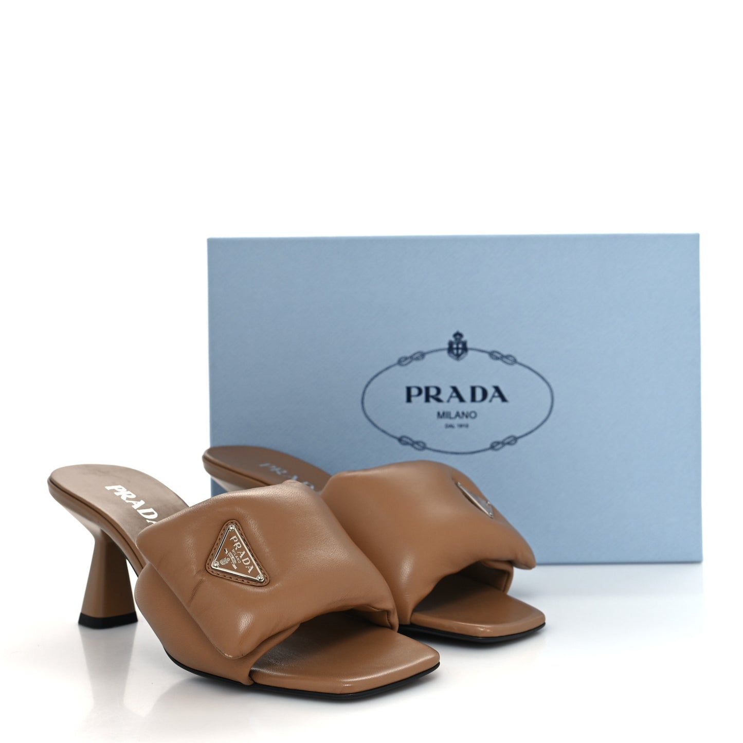 Nappa Soft Padded Metal Triangle Logo 65mm Slide Sandals 39 Caramel
