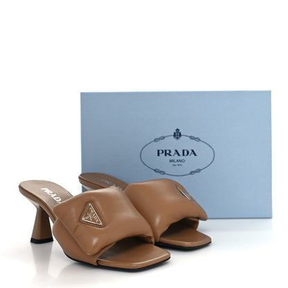 Prada Nappa Soft Padded Metal Triangle Logo 65mm Slide Sandals 39 Caramel 8 of 8