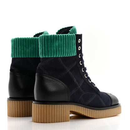 Chanel Suede Calfskin Velvet Quilted CC Combat Boots 38.5 Navy Green Black 4 of 12