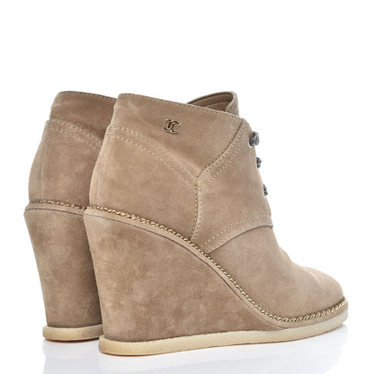 Chanel Suede Calfskin Lace Up Wedge Booties 41 Beige 4 of 10