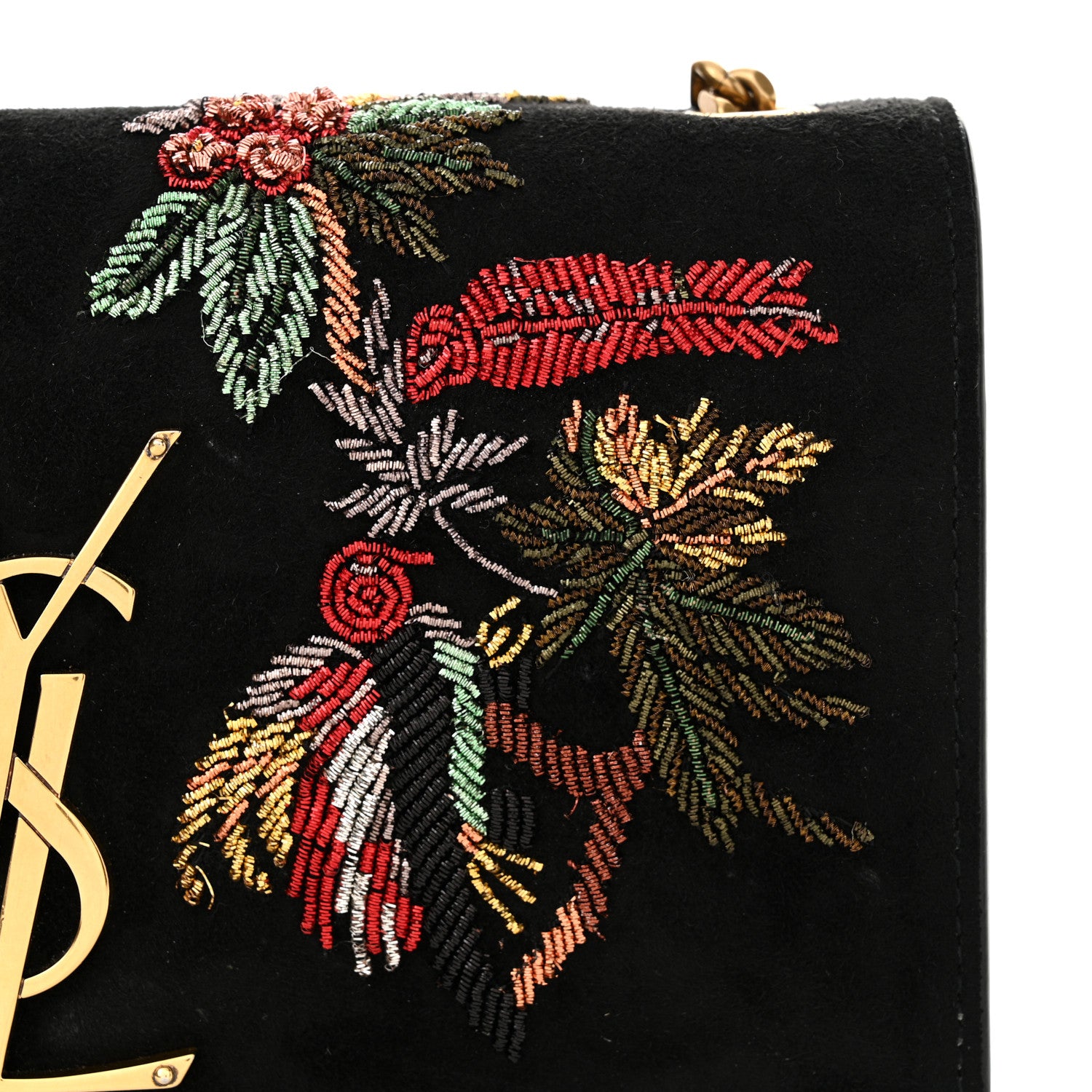 Saint Laurent Suede Embroidered Birds Monogram Chain Wallet Black 16 of 17