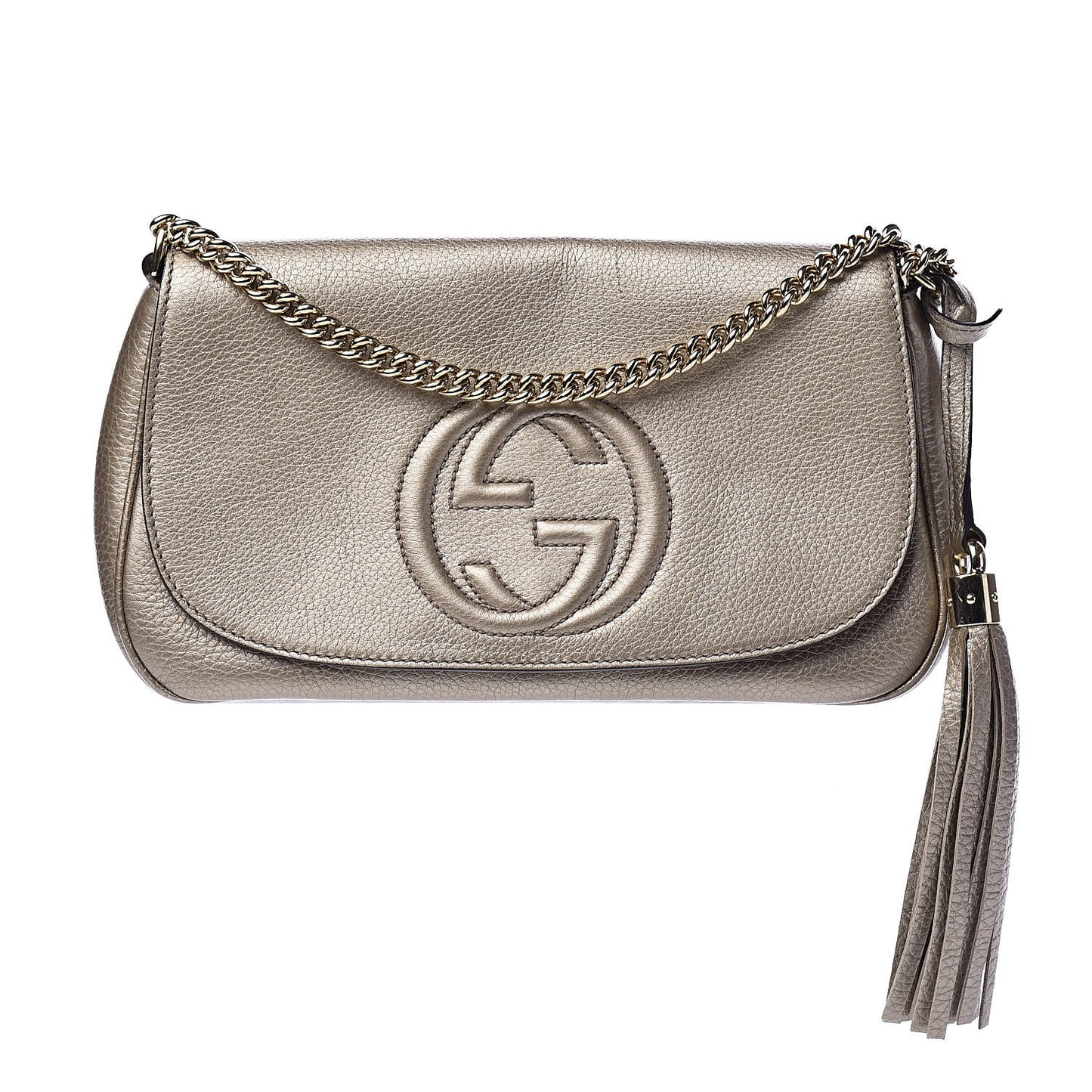 Metallic Pebbled Calfskin Medium Soho Flap Crossbody Golden Beige