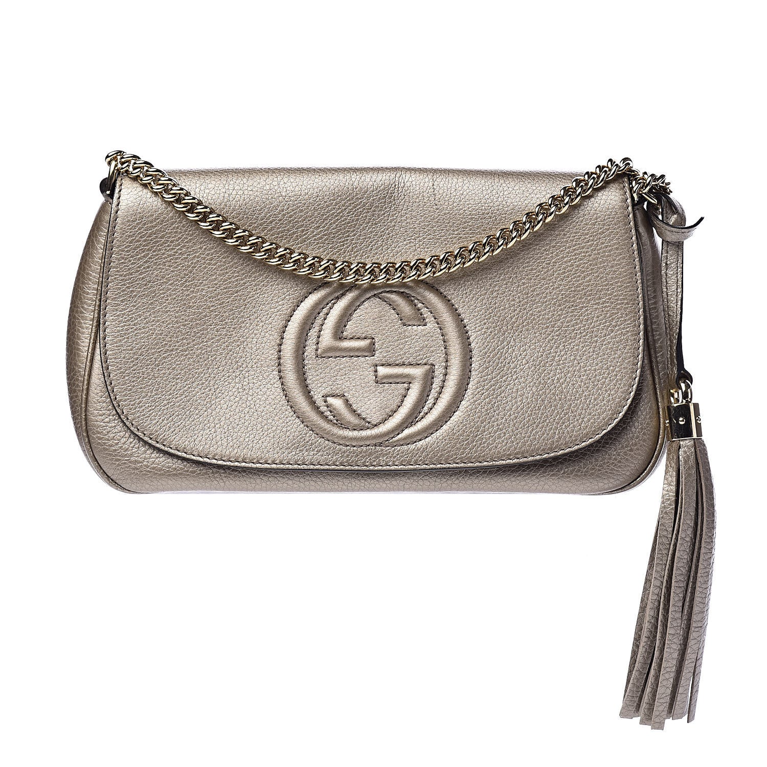 Gucci Metallic Pebbled Calfskin Medium Soho Flap Crossbody Golden Beige 1 of 11