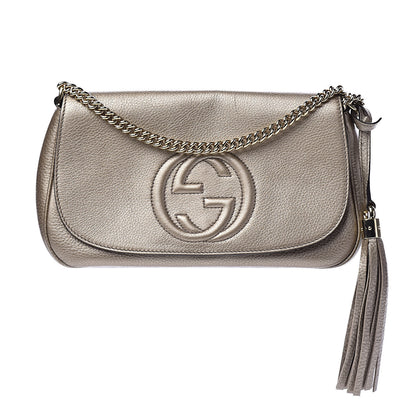 Gucci Metallic Pebbled Calfskin Medium Soho Flap Crossbody Golden Beige 1 of 11