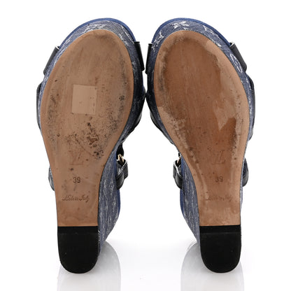 Louis Vuitton Calfskin Monogram Denim Ocean Wedge Sandals 39 Blue 6 of 9