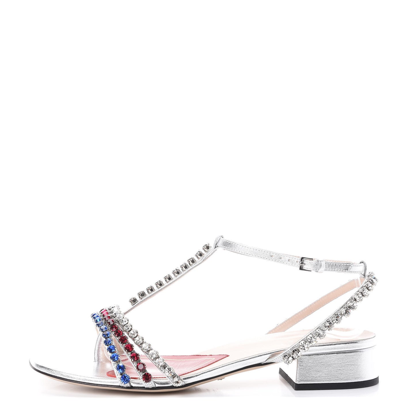Nappa Silk Crystal Bertie T-Strap Low Heel Sandals 36.5 Argento