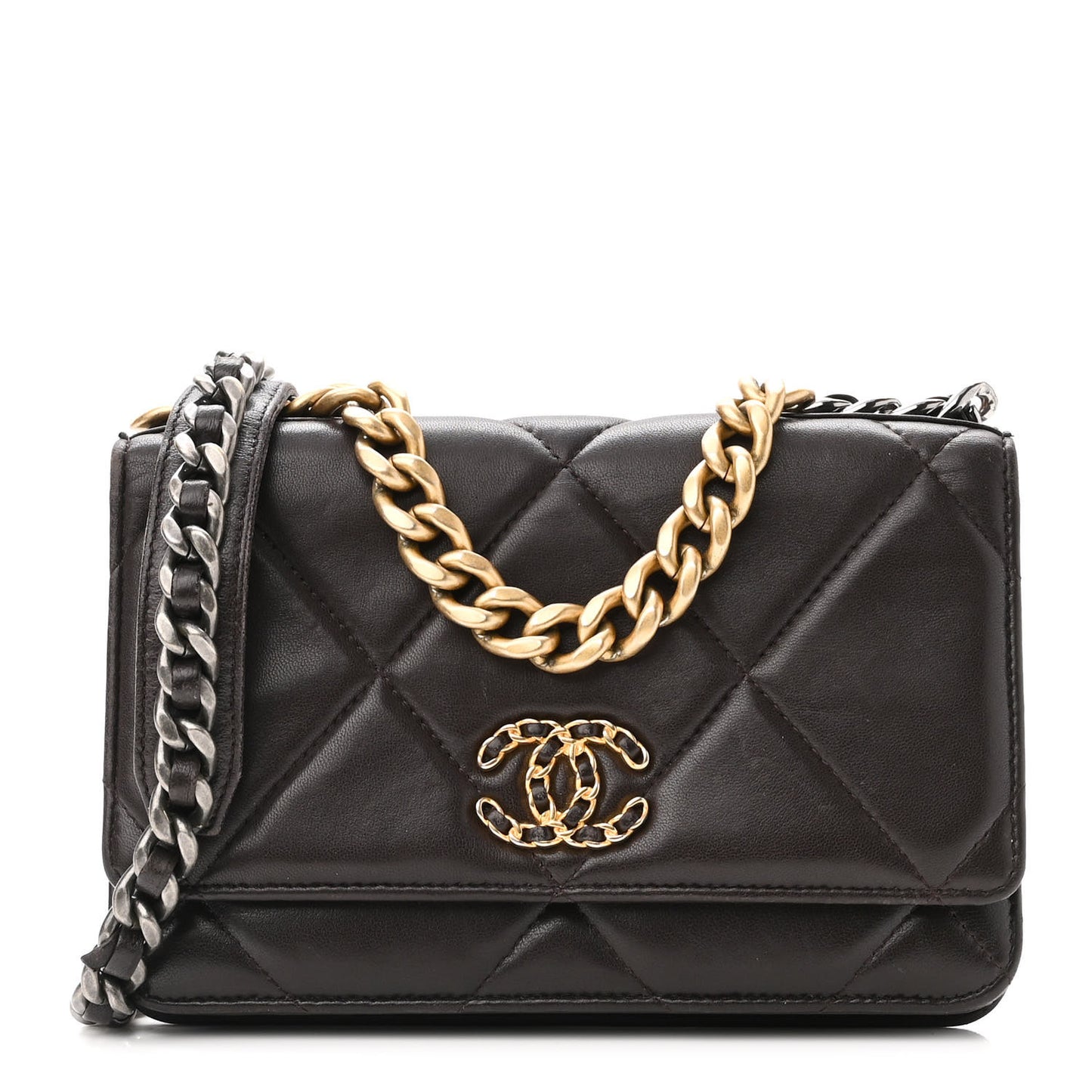 Lambskin Quilted Chanel 19 Wallet On Chain WOC Dark Brown