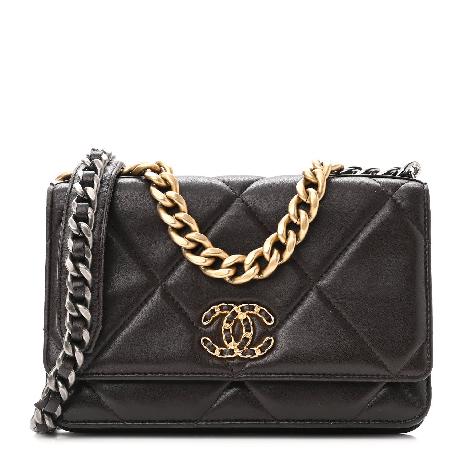 Chanel Lambskin Quilted Chanel 19 Wallet On Chain WOC Dark Brown 1 of 12