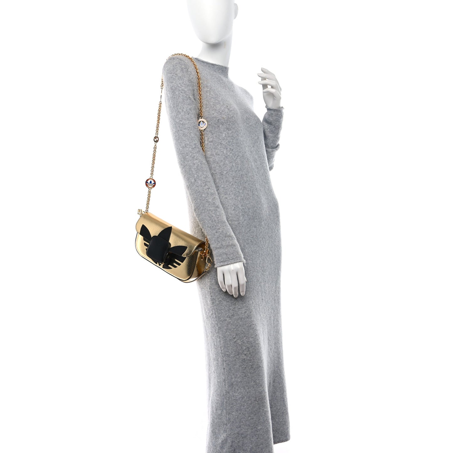 X ADIDAS Textured Dollar Calfskin Web Trefoil Horsebit 1955 Shoulder Bag King Gold Black