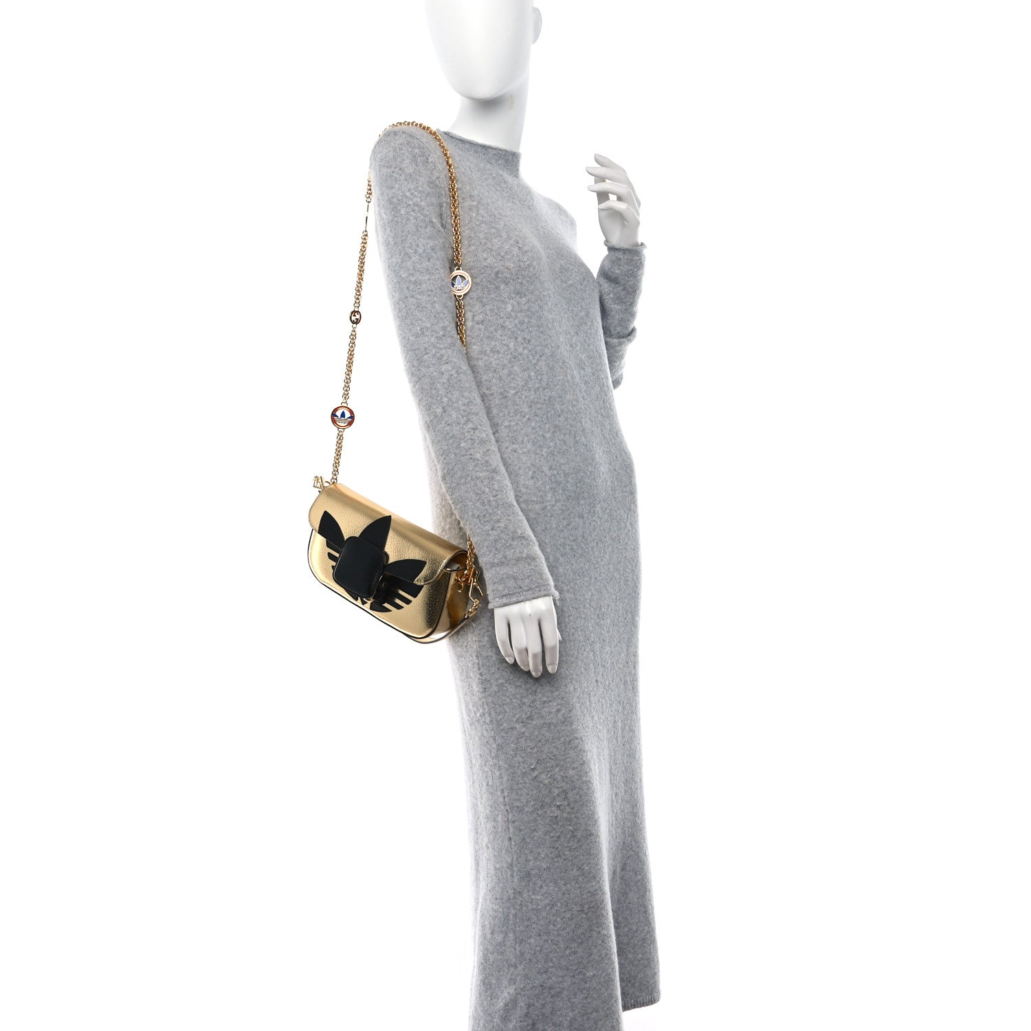 Gucci X ADIDAS Textured Dollar Calfskin Web Trefoil Horsebit 1955 Shoulder Bag King Gold Black 3 of 9