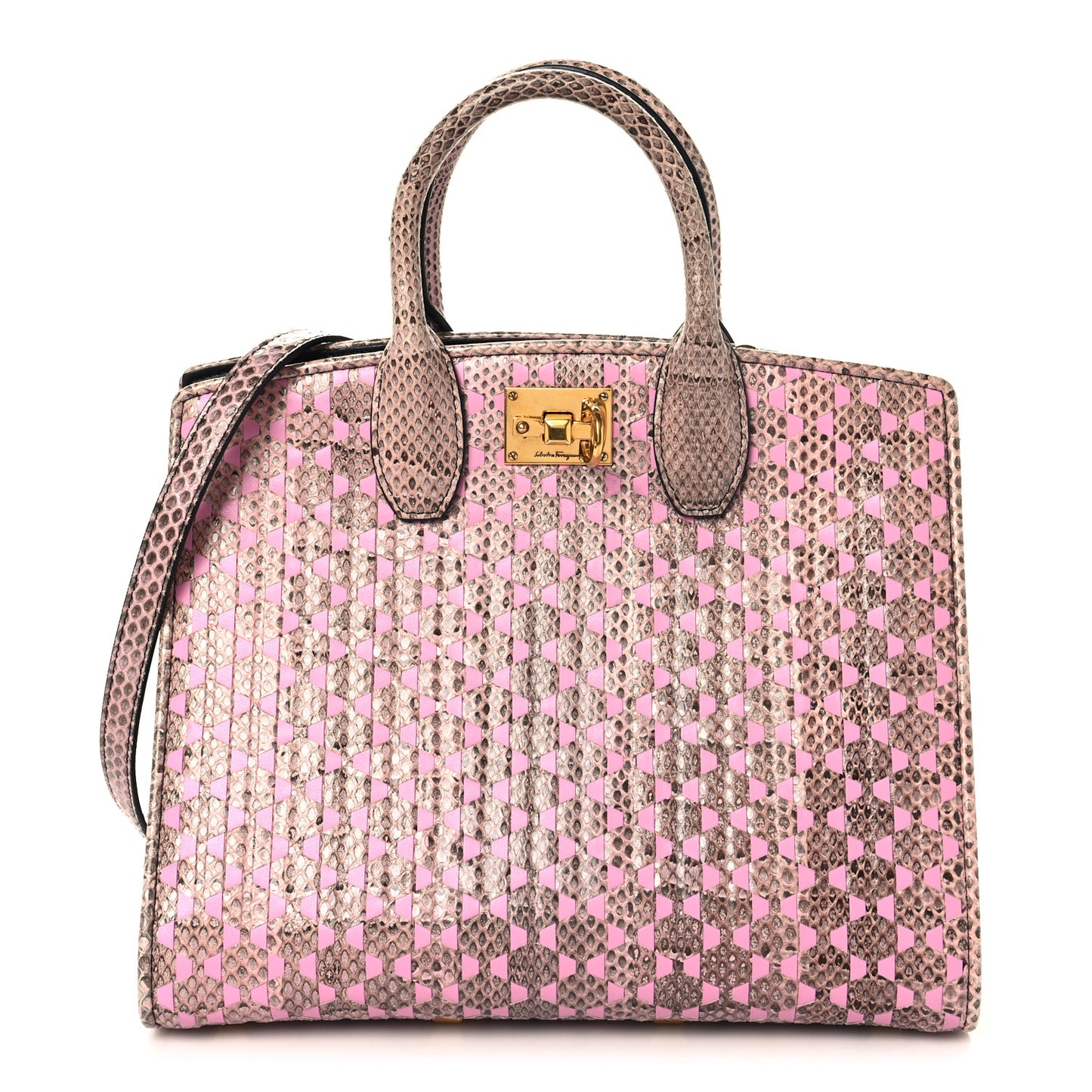 Calfskin Snakeskin Woven The Studio Box Tote Pink Brown