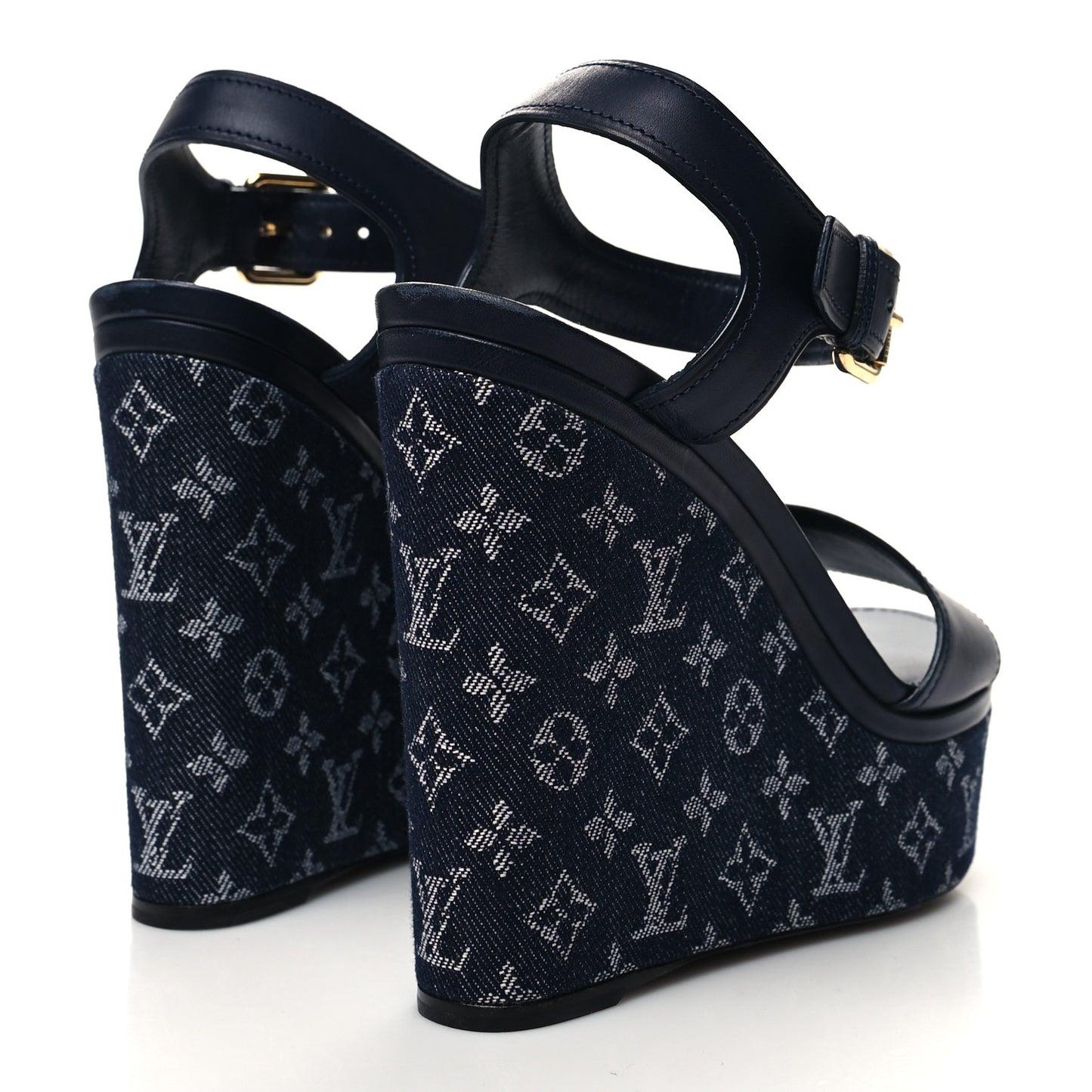 Calfskin Monogram Denim Waterfall Wedge Sandals 38 Blue