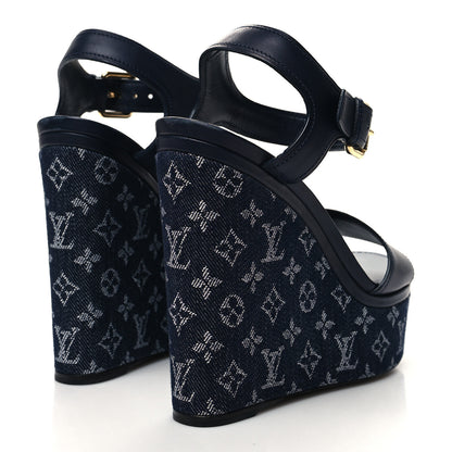 Louis Vuitton Calfskin Monogram Denim Waterfall Wedge Sandals 38 Blue 4 of 10