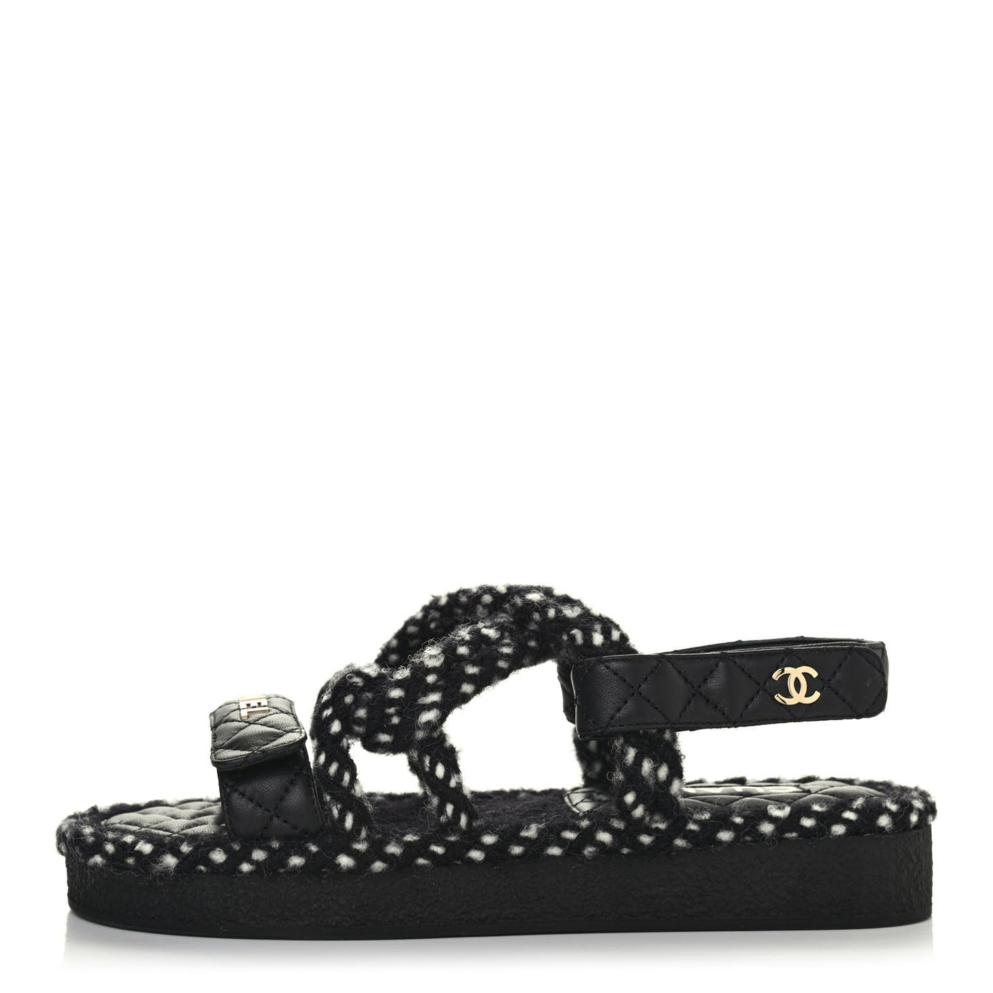 Cord Lambskin Quilted Logo Sandals 38 Black White