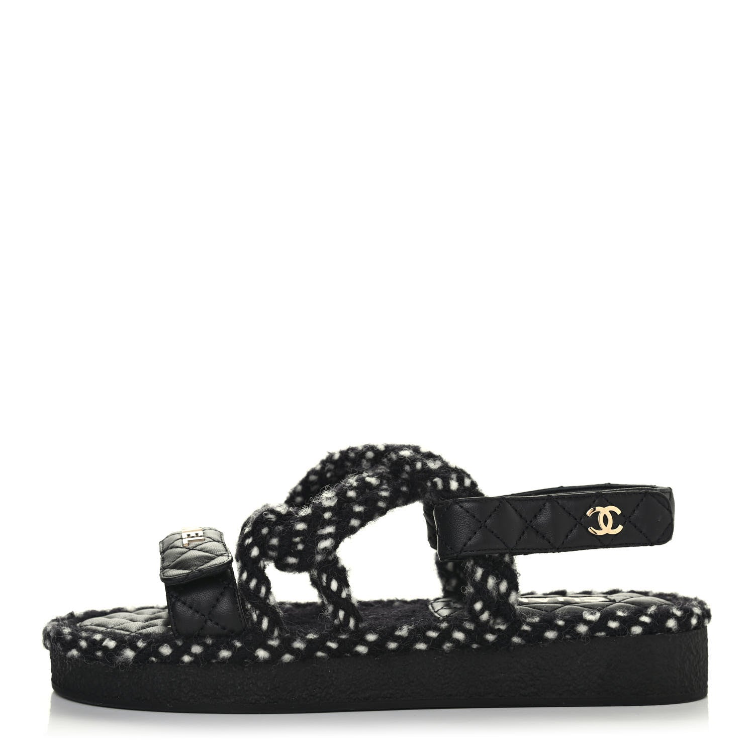 Chanel Cord Lambskin Quilted Logo Sandals 38 Black White 1 of 4