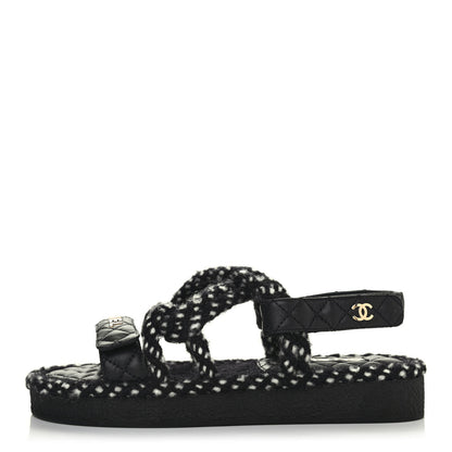 Chanel Cord Lambskin Quilted Logo Sandals 38 Black White 1 of 4