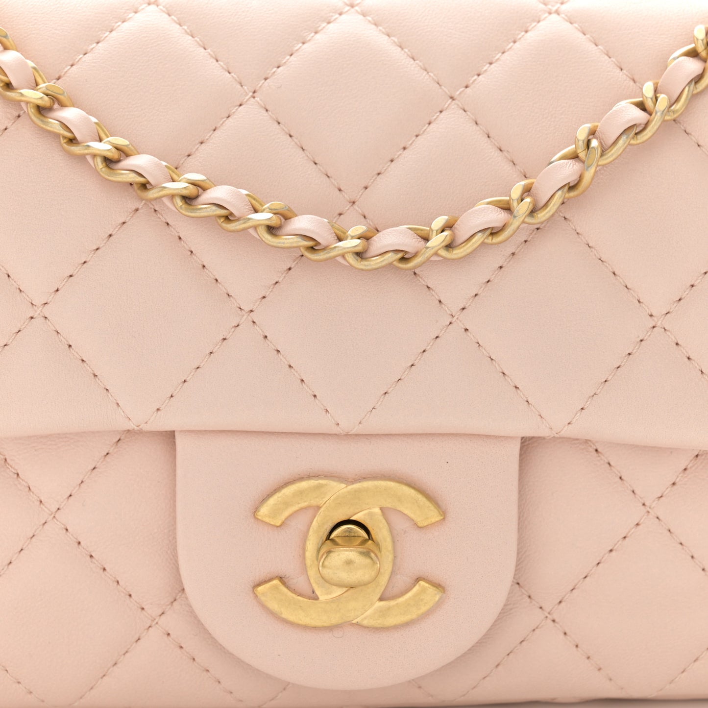 Lambskin Quilted Mini Rectangular Pearl Crush Flap Light Beige