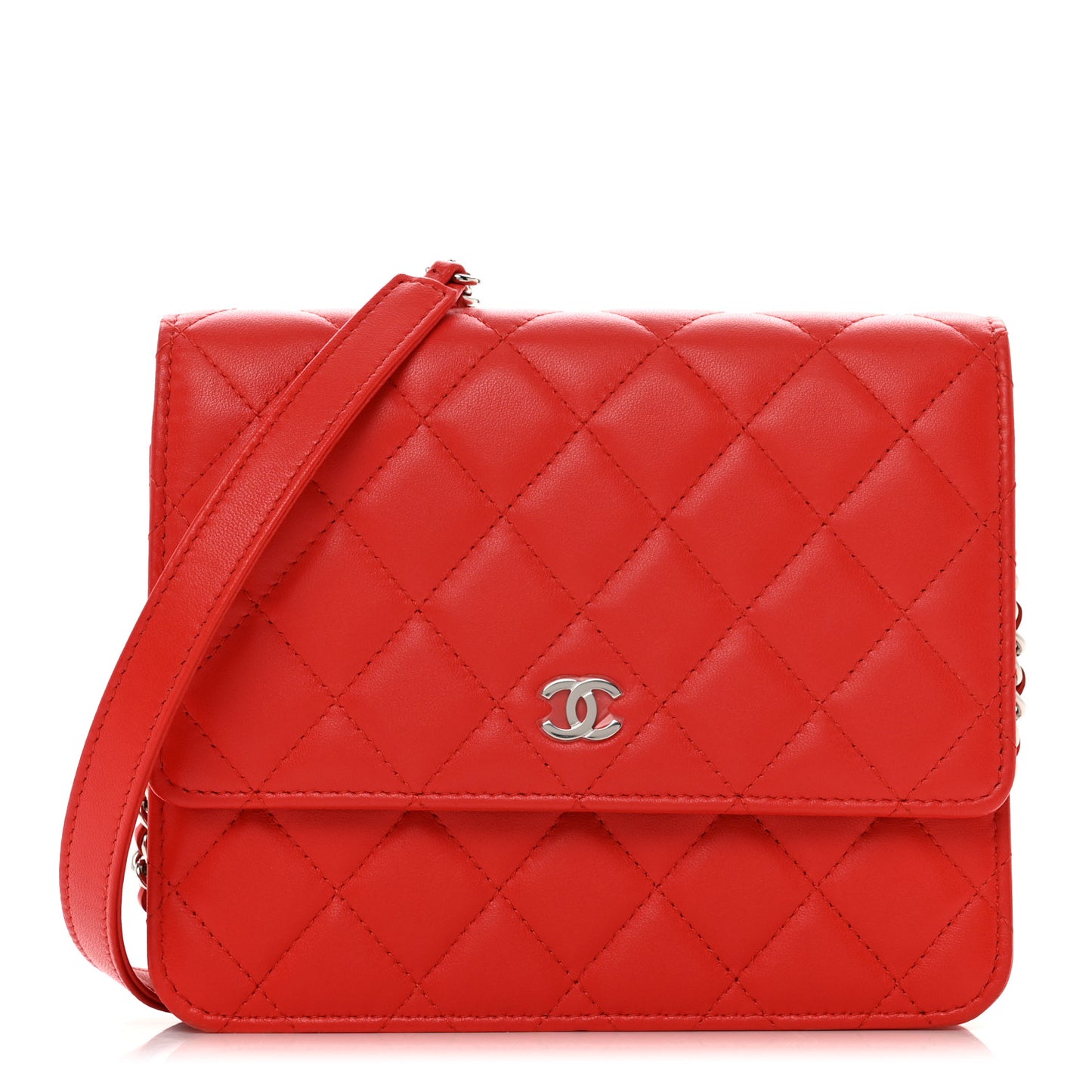 Lambskin Quilted Square Wallet On Chain WOC Red