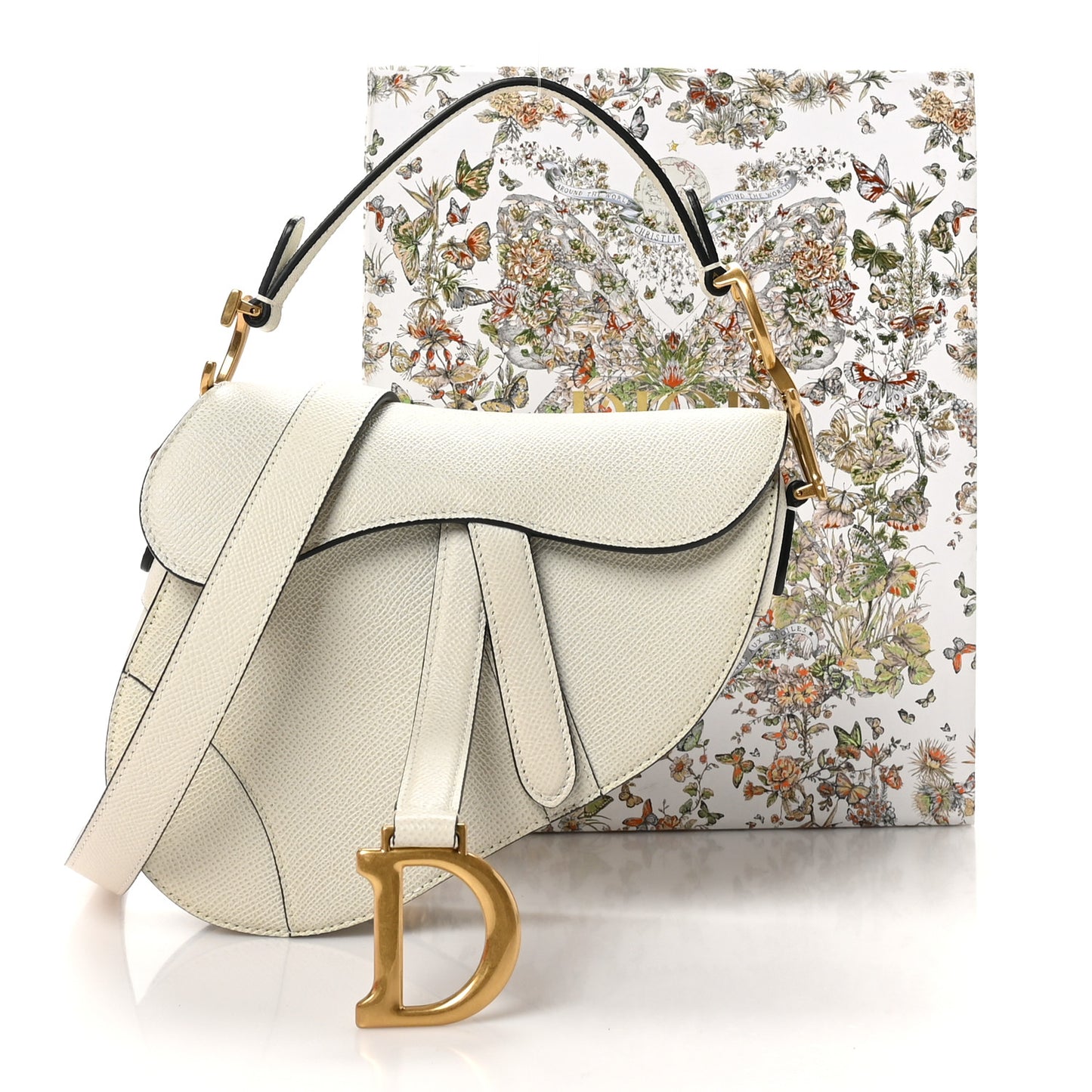 Grained Calfskin Mini Saddle Bag With Strap White