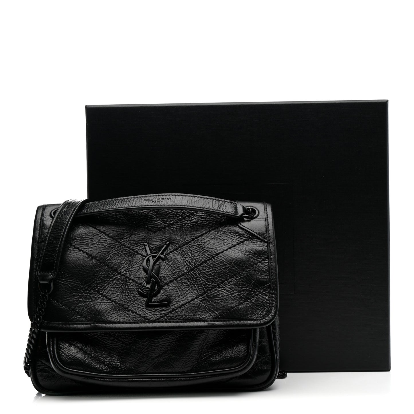 Crinkled Calfskin Matelasse Monogram Baby Niki Chain Satchel Black