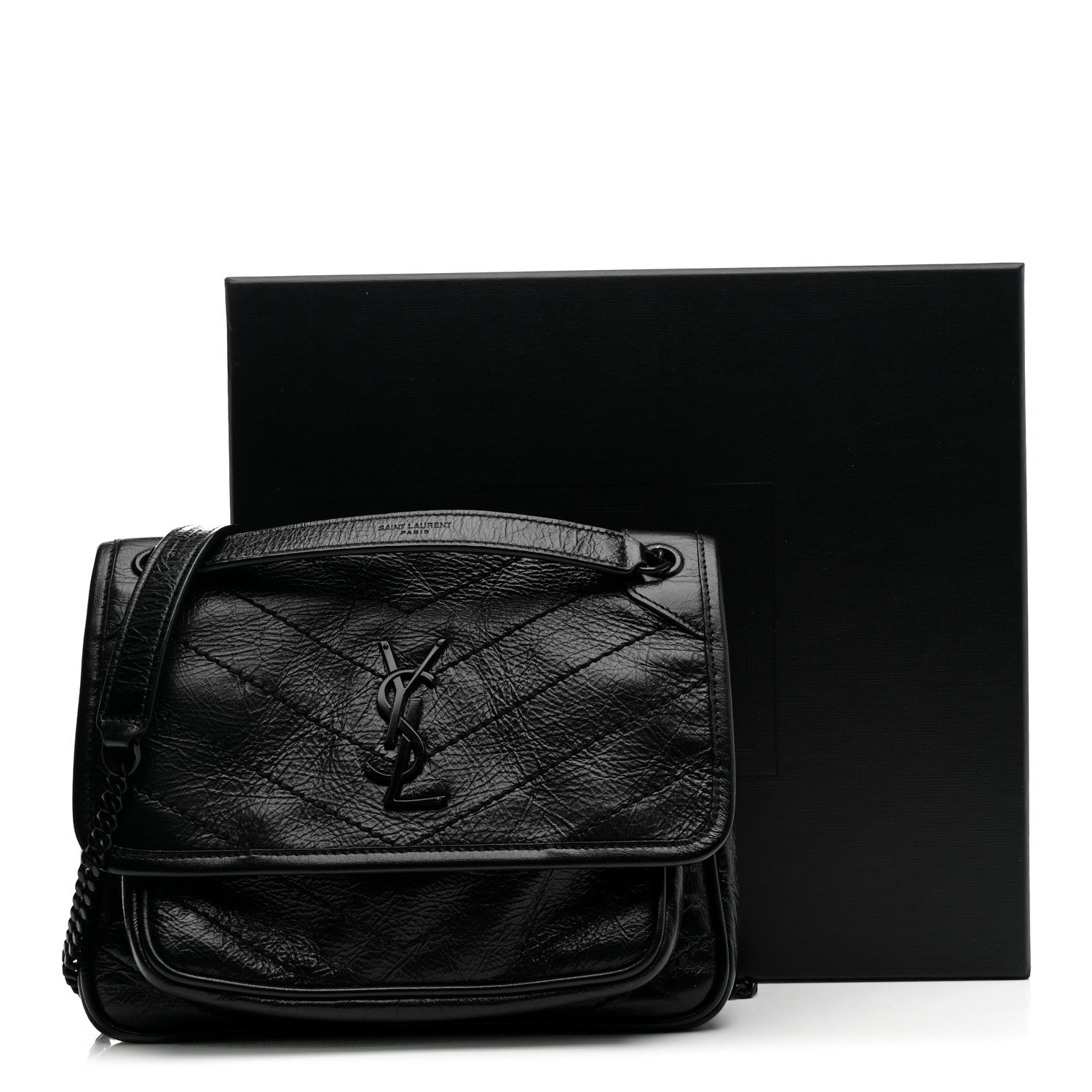 Saint Laurent Crinkled Calfskin Matelasse Monogram Baby Niki Chain Satchel Black 13 of 13