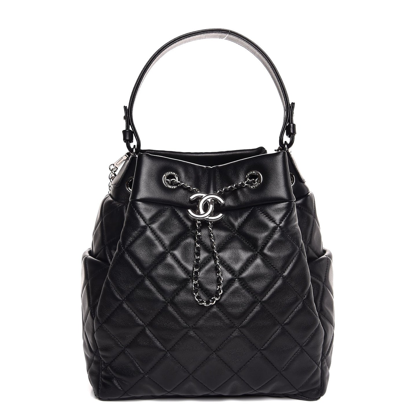 Lambskin Quilted CC Chain Drawstring Tote Black