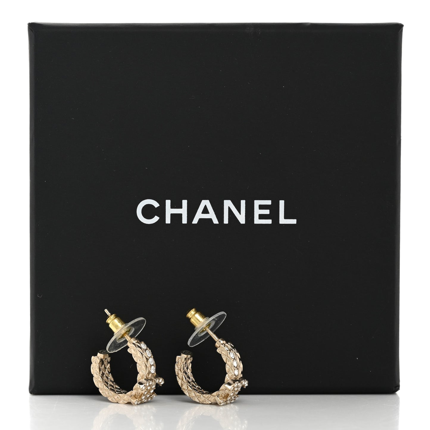 Metal Crystal Quilted CC Hoop Earrings Gold