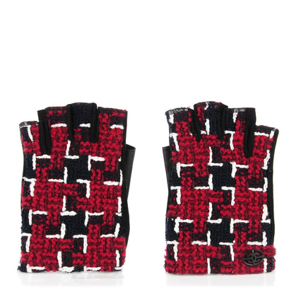 Chanel Tweed Fingerless CC Gloves 7 Red Navy White 1 of 5