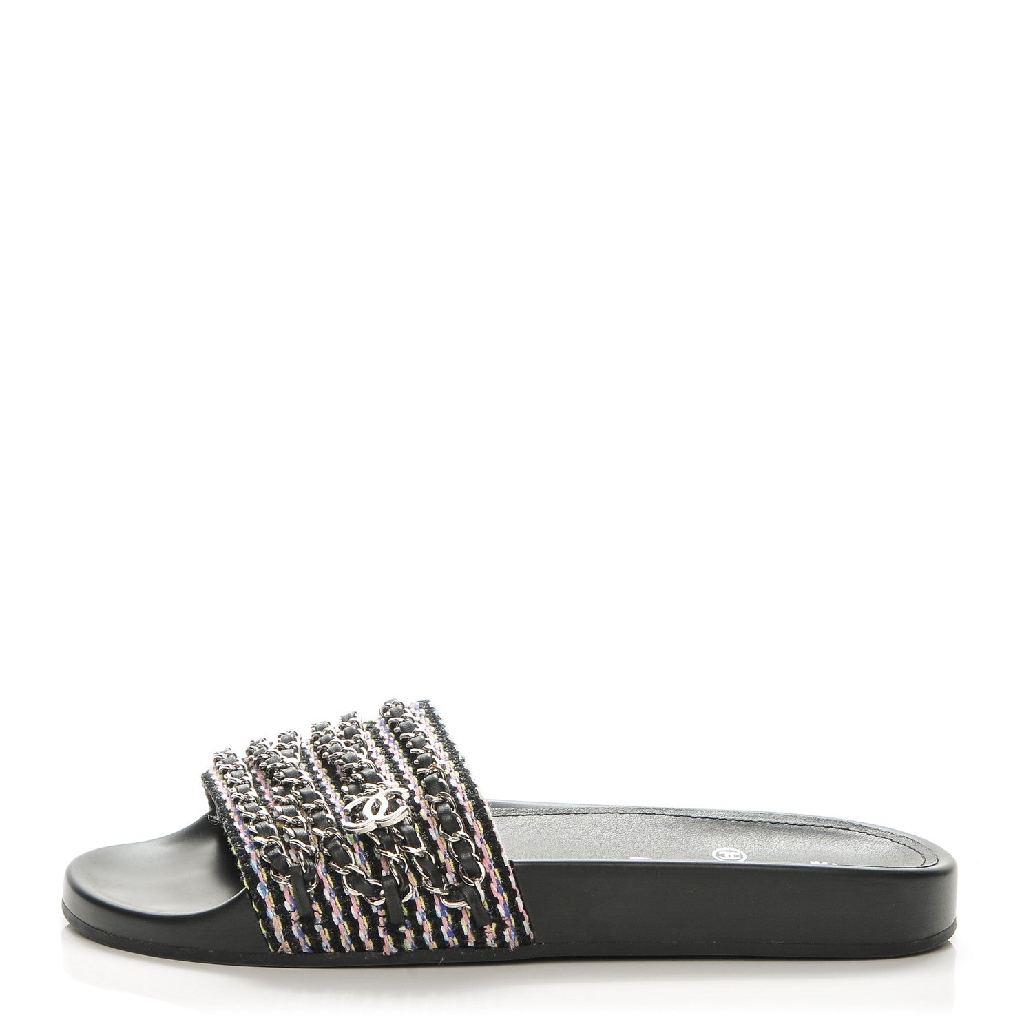 Chanel Tweed Lambskin Chain Flat Sandals 39 Black Multicolor 1 of 9