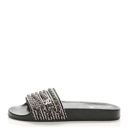 Chanel Tweed Lambskin Chain Flat Sandals 39 Black Multicolor 1 of 9