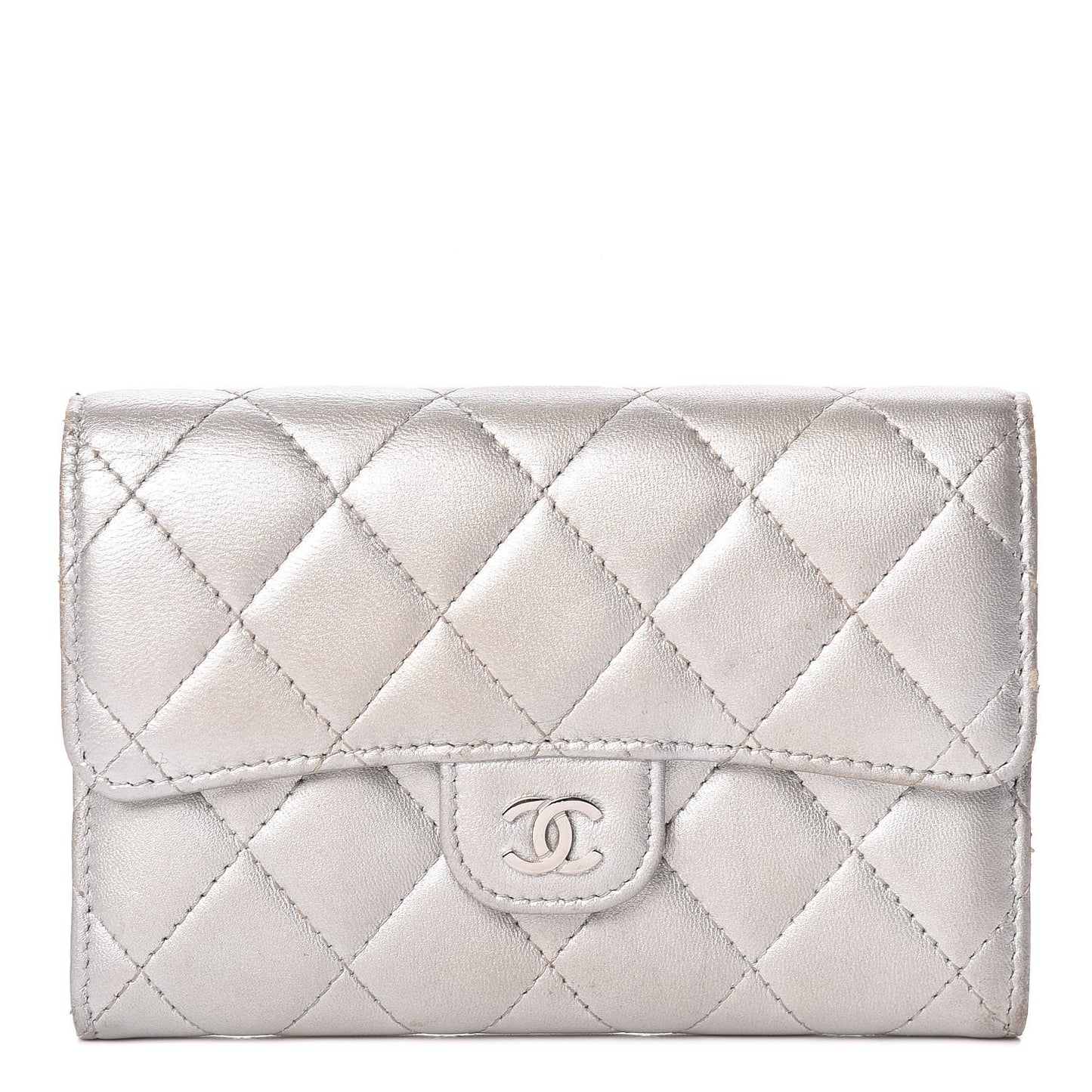 Metallic Lambskin Quilted Small Flap Wallet Silver