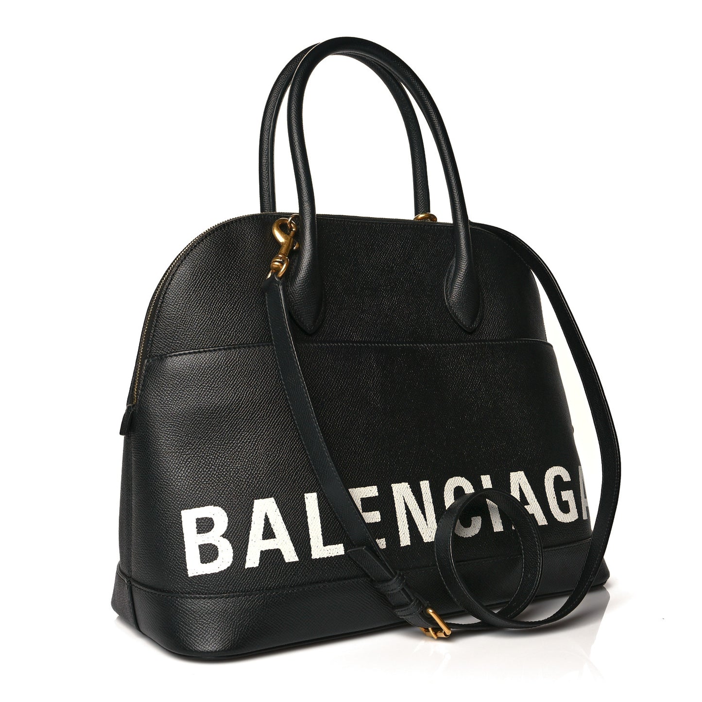 Signature Grained Calfskin Logo M Ville Top Handle Bag Black