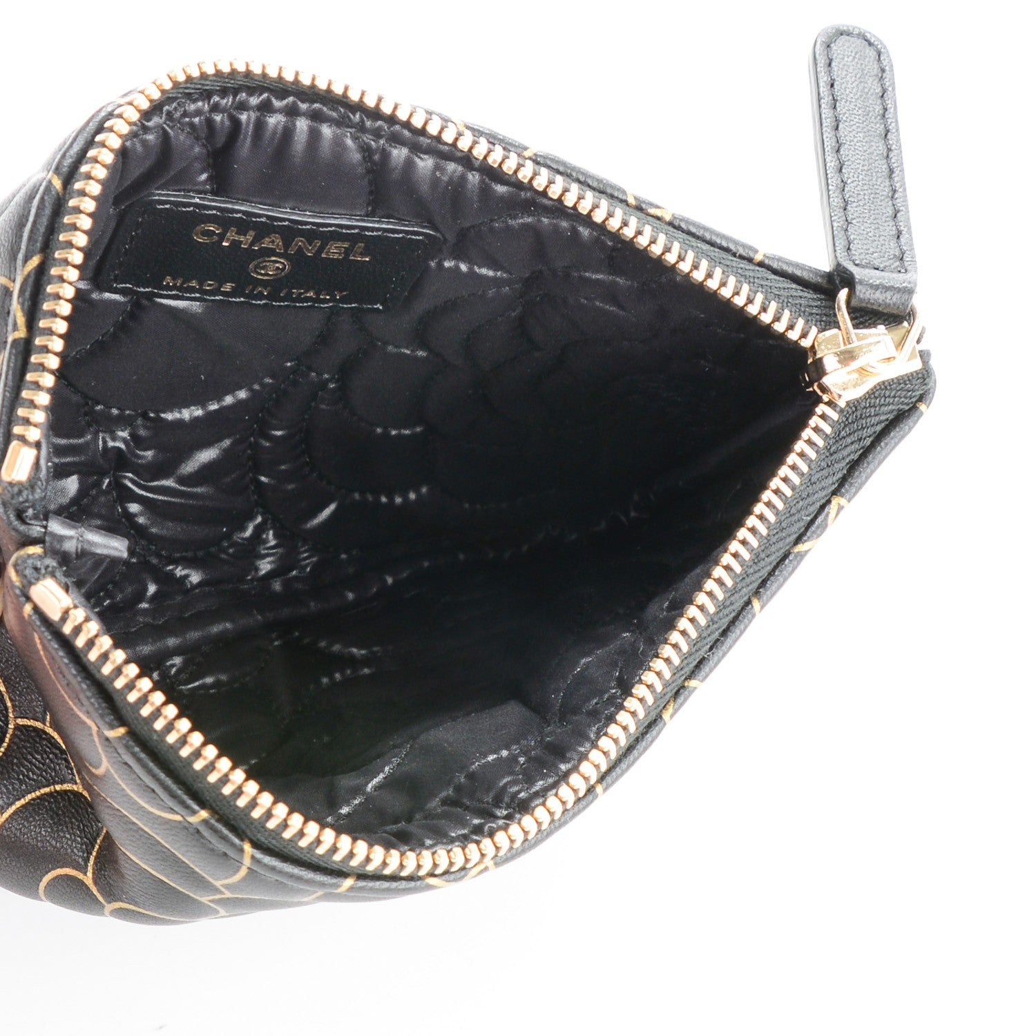 Chanel Lambskin Camellia Embossed Cosmetic Pouch Black Gold 5 of 7