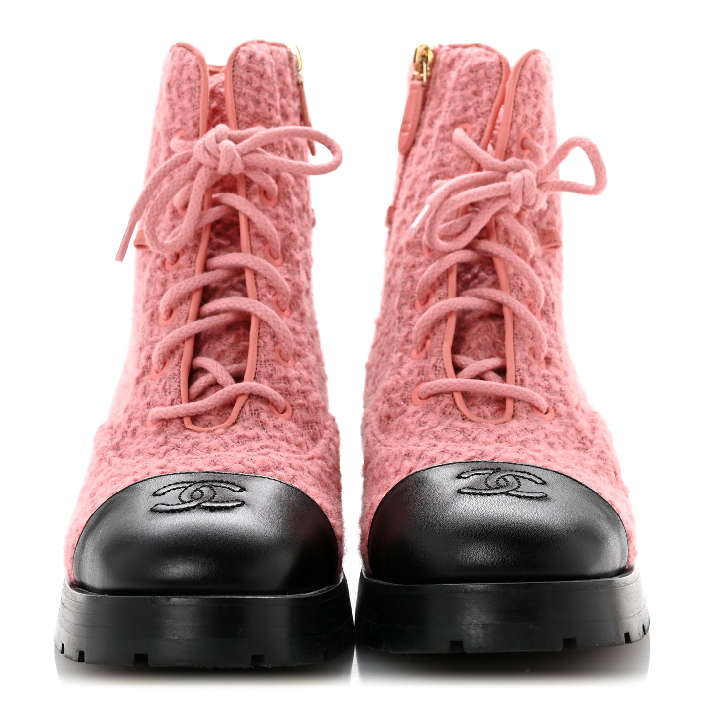 Wool Tweed Calfskin Chain Lace Up Combat Boots 38.5 Pink Black