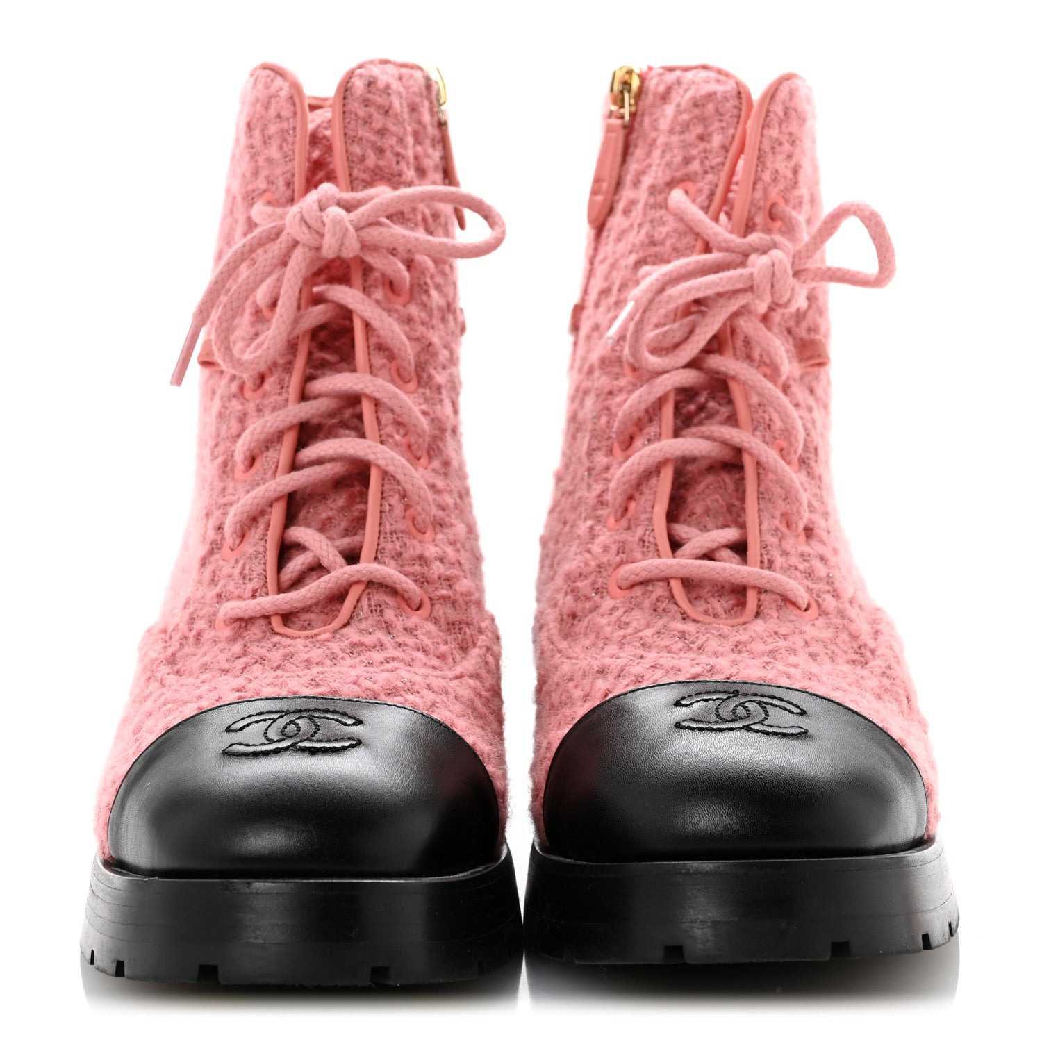 Chanel Wool Tweed Calfskin Chain Lace Up Combat Boots 38.5 Pink Black 3 of 11