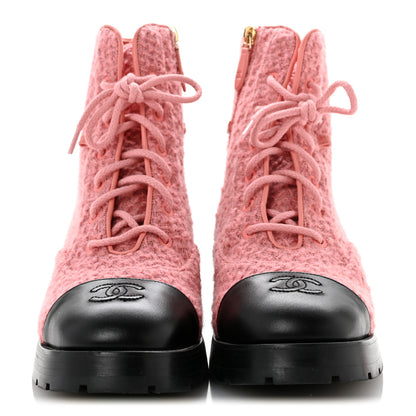 Chanel Wool Tweed Calfskin Chain Lace Up Combat Boots 38.5 Pink Black 3 of 11