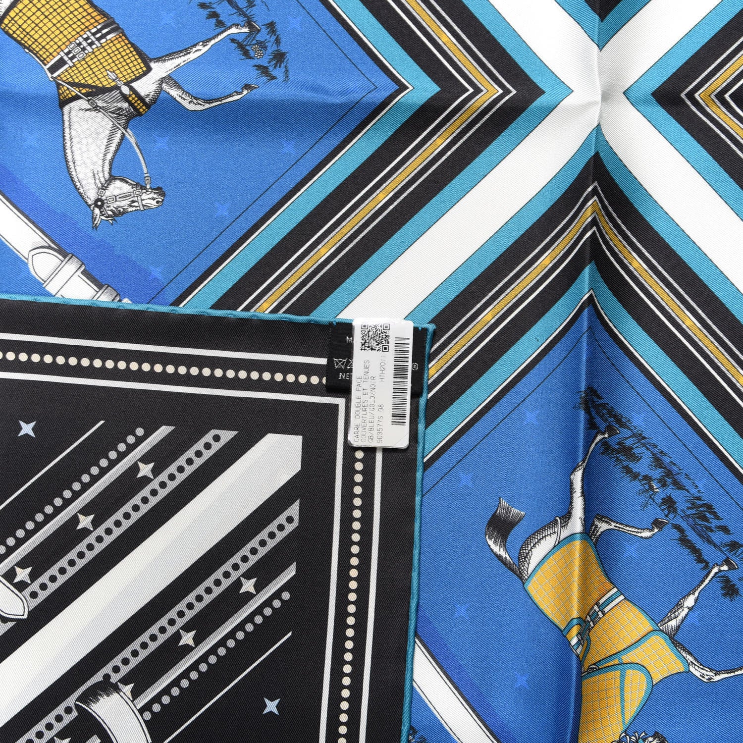 Hermes Silk Couvertures Et Tenues Double Face Scarf 90 Bleu Gold Black 3 of 3