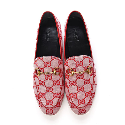 Gucci Canvas GG Monogram Horsebit Womens Jordaan Loafers 38.5 Gardenia Hibiscus Red 9 of 10