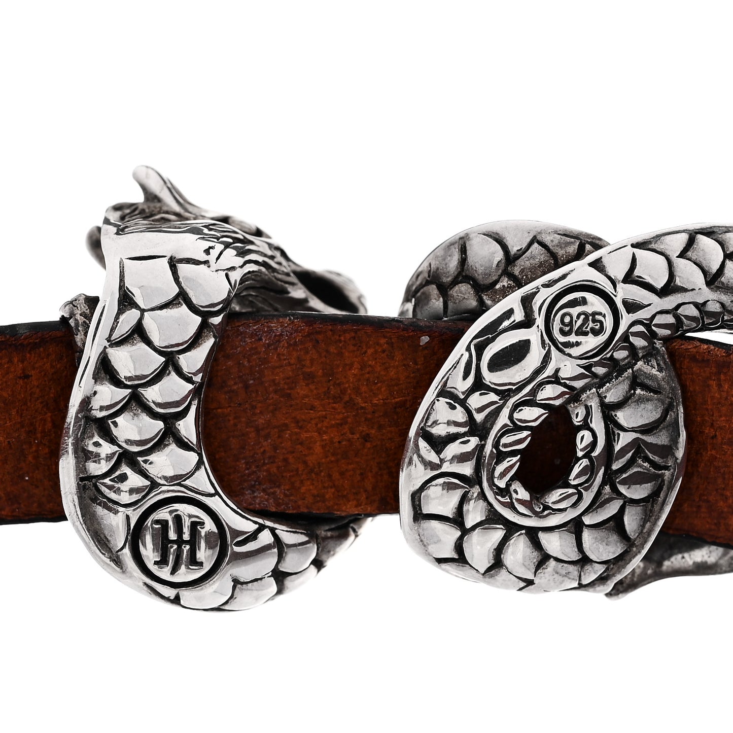 Sterling Silver Leather Naga Dragon Bracelet Brown