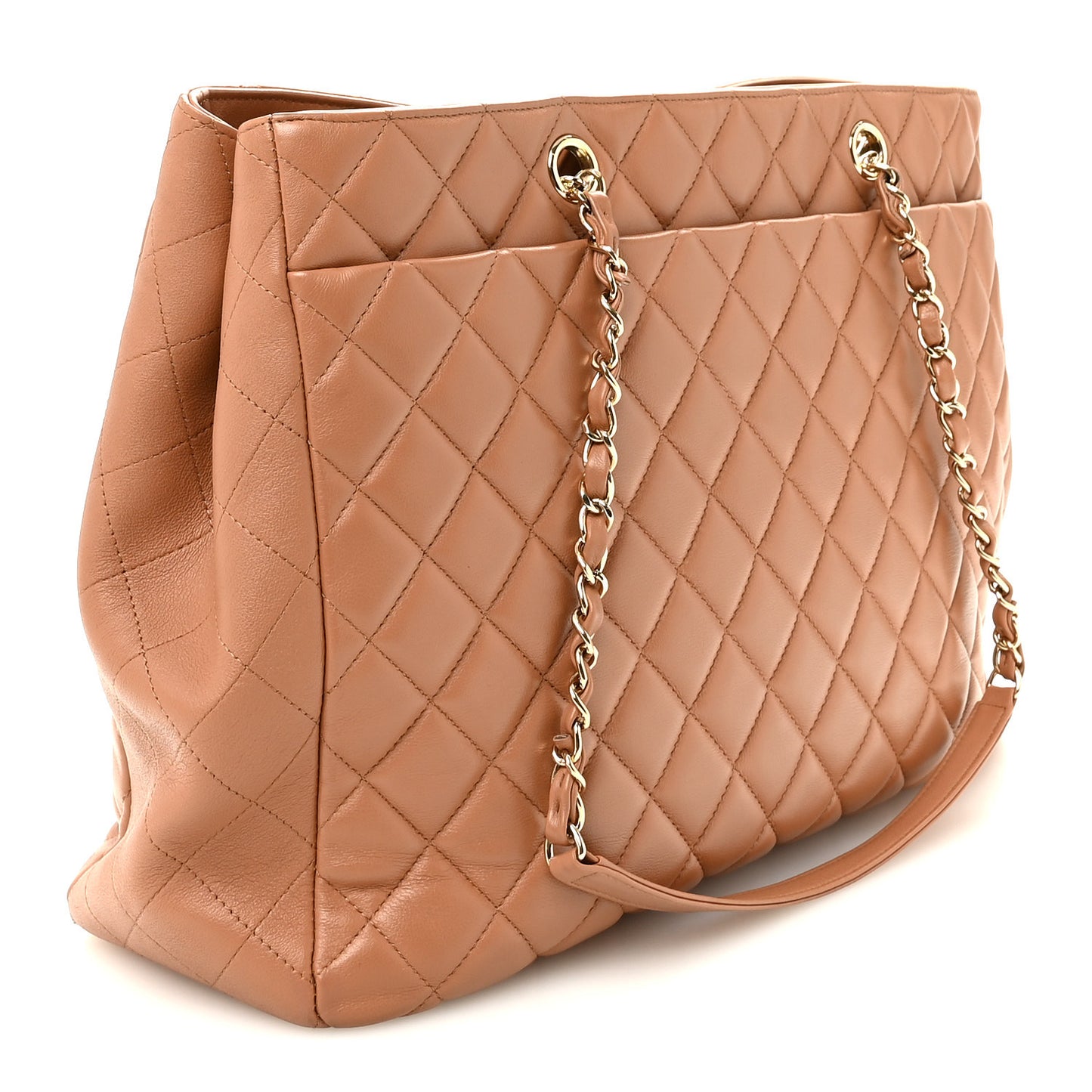 Calfskin Quilted Large CC Shopping Tote Camel