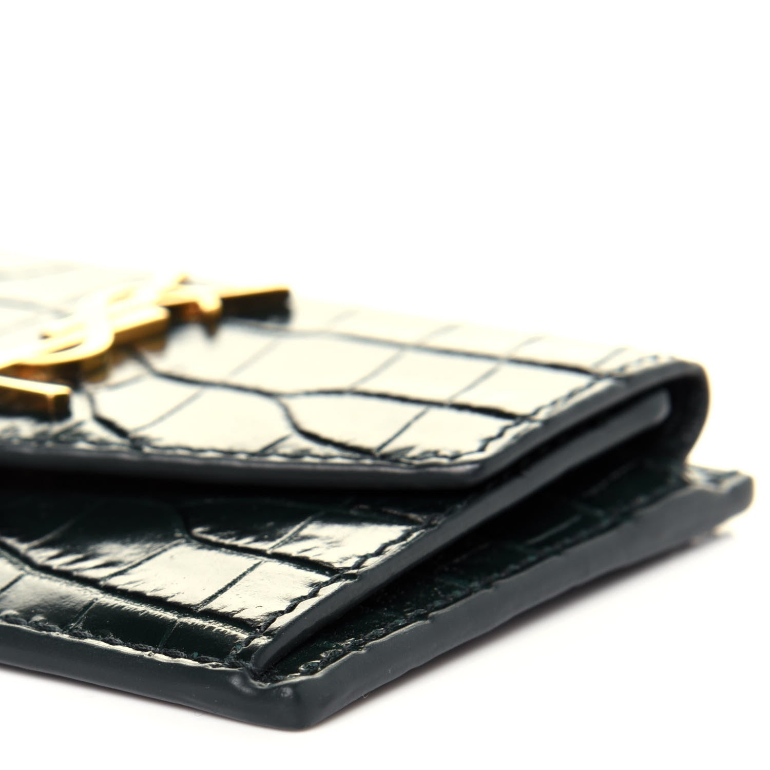 Saint Laurent Calfskin Crocodile Embossed Uptown Monogram Card Case Dark Green 9 of 12