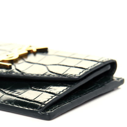 Saint Laurent Calfskin Crocodile Embossed Uptown Monogram Card Case Dark Green 9 of 12