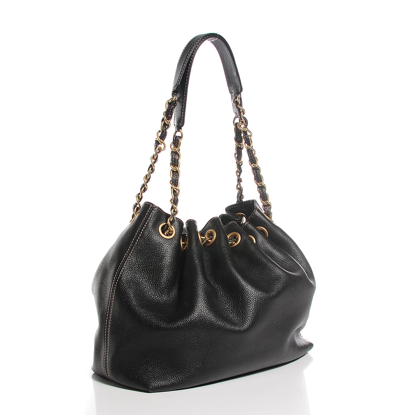 Calfskin CC Drawstring Bucket Bag Black