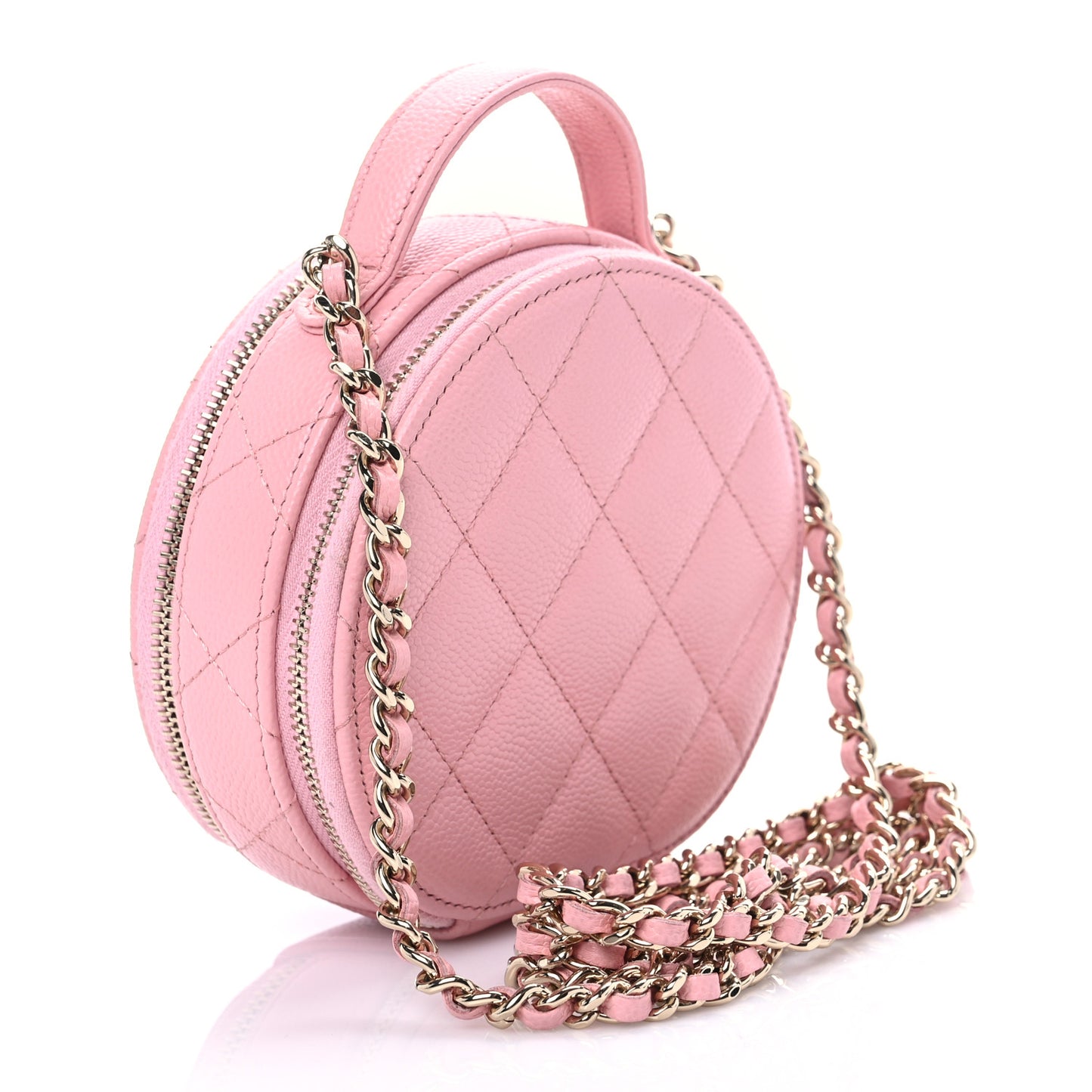 Caviar Quilted Round Handle With Care Vanity With Chain Pink