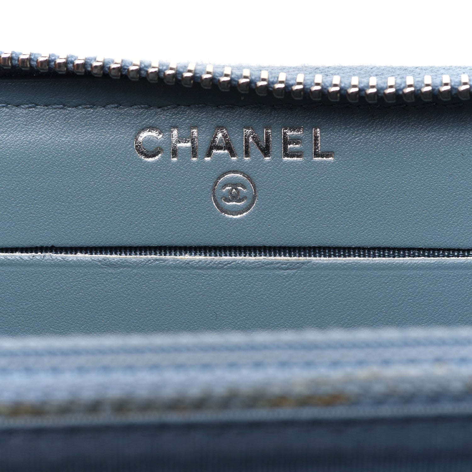 Chanel Lambskin Camellia Embossed Studded Medium Zip Around Blue 6 of 9